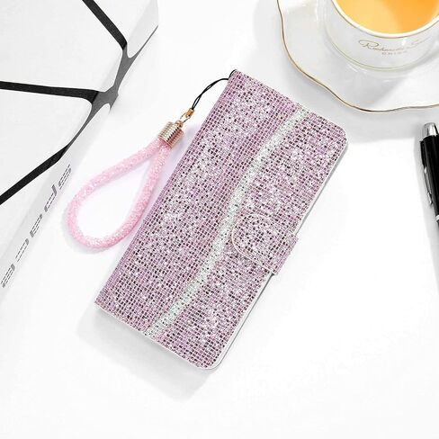 Guppy Bling Wallet Case Compatible with iPhone 15, PU Flip Blocking Wallet with Wrist Strap Magnetic Closure Built-in Kickstand Protective Case - Pink in Saudi Arabia
