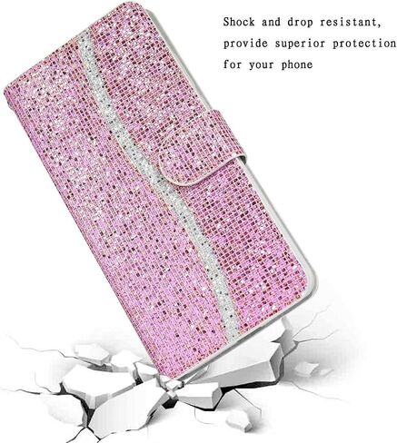 Guppy Bling Wallet Case Compatible with iPhone 15, PU Flip Blocking Wallet with Wrist Strap Magnetic Closure Built-in Kickstand Protective Case - Pink in Saudi Arabia