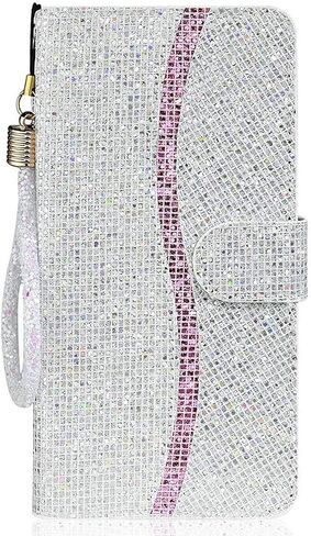 Guppy Bling Wallet Case Compatible with iPhone 15, PU Flip Blocking Wallet with Wrist Strap Magnetic Closure Built-in Kickstand Protective Case - Pink in Saudi Arabia