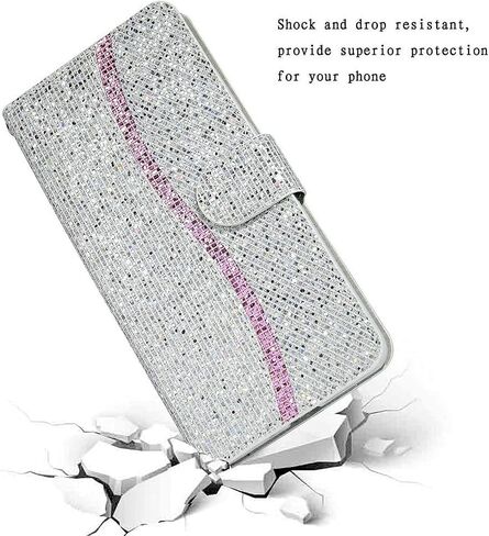 Guppy Bling Wallet Case Compatible with iPhone 15, PU Flip Blocking Wallet with Wrist Strap Magnetic Closure Built-in Kickstand Protective Case - Pink in Saudi Arabia