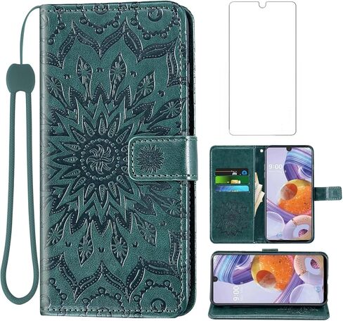 Phone Case for LG Stylo 6/Stylo6 Plus/K71 Stylus Wallet with Tempered Glass Screen Protector Leather Slim Flip Cover Card Holder Stand Cell Accessories LGStylo6 6+ 6plus Six 2020 Women Men Dark Green in Saudi Arabia