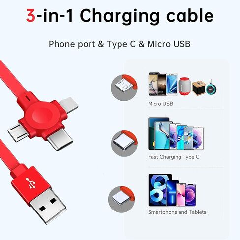 3 Pcs Single Pull 3 in 1 Charging Cable Roll, 3.28FT Retractable, Fast Data Transmission, Phone Holder, for IP/Type C/Micro USB Compatible Phone Android Tablet (Blue+Green+Red) in Kuwait