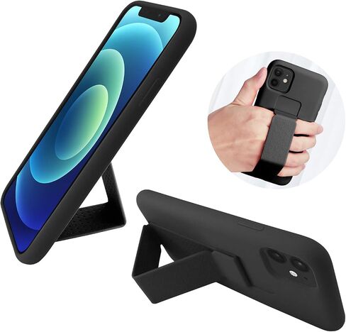 LAUDTEC Silicone Kickstand Case Compatible with iPhone 11 case Vertical and Horizontal Stand Hand Strap Metal Kickstand, Flexible Soft Liquid Silicone Stand Case for iPhone 11(Black) in Kuwait