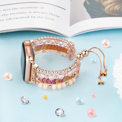 TOMAZON Beaded Bracelet Band Compatible with Apple Watch 38mm 40mm 41mm 42mm 45mm 44mm 49mm Series 9/8/7/6/5/4/3/2/1/SE, Stylish Elastic Stretch Adjustable iWatch Strap for Women in Saudi Arabia