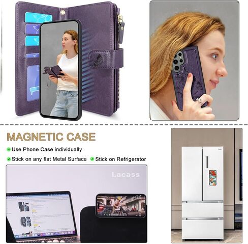 Lacass متوافق مع حافظة Samsung Galaxy S23 Ultra 5G 2023، [12 فتحة بطاقة] حامل نقدي لبطاقة الهوية وجيب بسحاب وغطاء محفظة جلدية مغناطيسي قابل للفصل مع حبل معصم (زهري أزرق سماوي) in Saudi Arabia