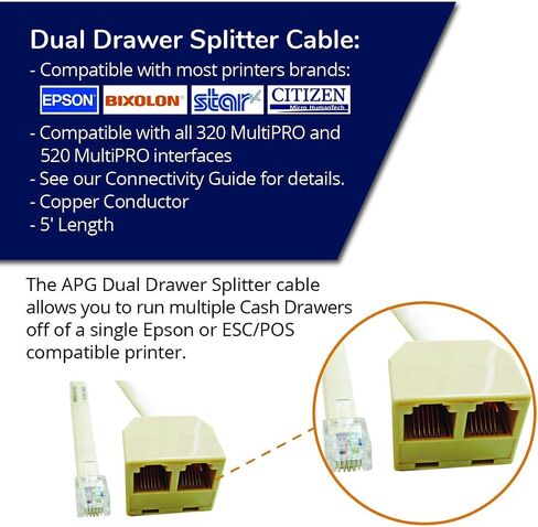 APG CASH DRAWER APG Printer Interface Cable | CD-D1D2EP | Dual Drawer Splitter Cable | RJ-12 Male Splitter Cable with MultiPRO Interface | Compatible with Epson Printers in Saudi Arabia