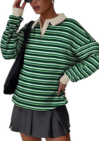 REORIA سترة كبيرة الحجم للنساء موضة خريف عصرية 2024 Y2k مخطط كم طويل بلوفر قميص رجبي ملابس علوية in Kuwait