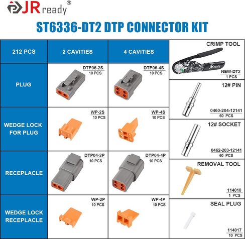 JRready ST6332-DT1 Deutsch DTM Connector Kit, 2 3 4 6 8 12 Pin Gray Connector, New-DT1 Deutsch Crimper, Size 20 Solid Contact 16-22AWG, Removal Tool, Seal plug, Automotive Electrical Connectors in Kuwait
