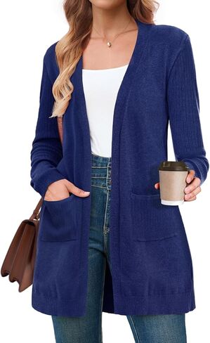 كنزة صوفية BB&KK للنساء عصرية مضلعة بأكمام طويلة مفتوحة من الأمام متماسكة كاجوال للخريف ملابس خارجية منفضة مع جيوب in Kuwait