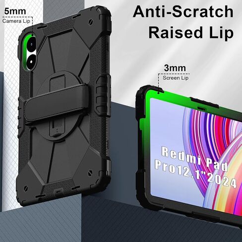 Case for Xiaomi Redmi Pad Pro 12.1"/Xiaomi Poco Pad 12.1", Shockproof Protective Tablet Case with Kickstand/Hand Strap/Rotating Stand/Shoulder Strap (Black/Black) in Saudi Arabia