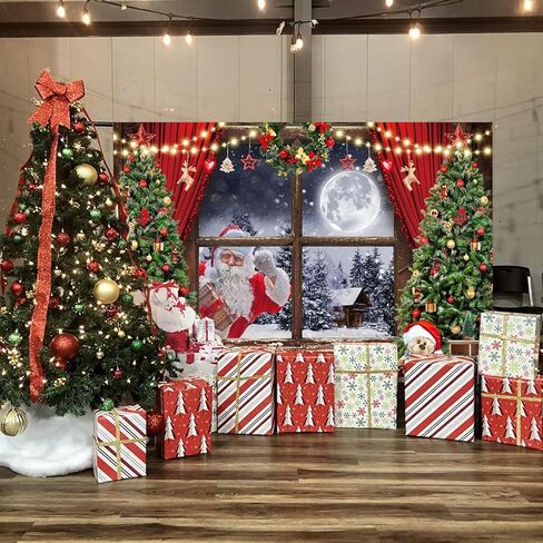8x6ft Christmas Backdrop Christmas Window Woodland Winter White Snow Forest Photography Background Xmas Tree Snowman Christmas Theme Party Decorations Photo Booth Selfie Picture Backdrop in Kuwait
