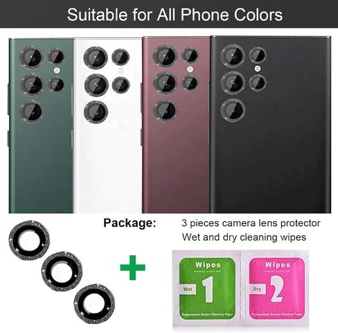 (عبوة من 5 قطع متوافقة مع واقي عدسة الكاميرا Samsung Galaxy S23 Ultra اللامع، حلقة غطاء الكاميرا Sparkly Bling S23 Ultra من الزجاج المقسى الشفاف 9H، صديق للحافظة، (فضي) in Saudi Arabia