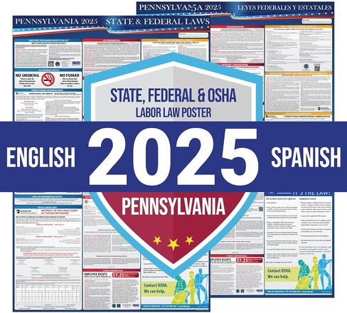 ملصق قوانين العمل الفيدرالية وولاية بنسلفانيا لعام 2024 - متوافق مع OSHA في مكان العمل يتضمن تحديثات FLSA FMLA وEEOC - نشر الامتثال المطلوب الكل في واحد مقاس 24 بوصة × 36 بوصة - مصفح in Kuwait