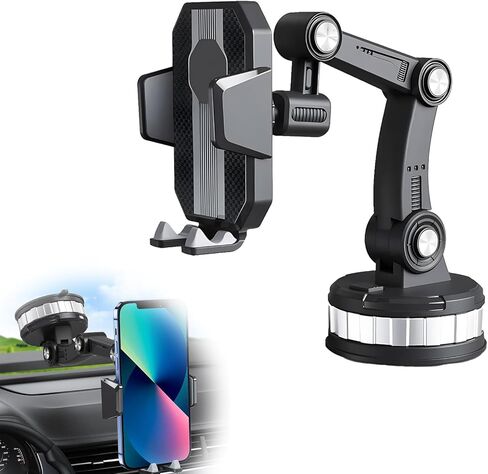 قطعة واحدة من حامل الهاتف الخلوي للسيارة، حامل الزجاج الأمامي بقاعدة شفط كبيرة قابلة للدوران 360 درجة، دعامة تثبيت متعددة الوظائف قابلة للسحب لهاتف iPhone، ملحق سيارة عالمي (أسود) in Kuwait