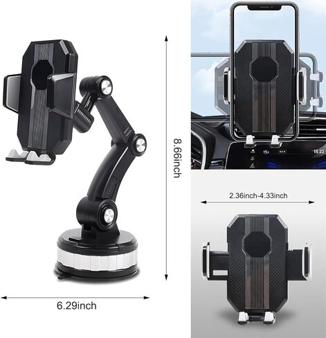 قطعة واحدة من حامل الهاتف الخلوي للسيارة، حامل الزجاج الأمامي بقاعدة شفط كبيرة قابلة للدوران 360 درجة، دعامة تثبيت متعددة الوظائف قابلة للسحب لهاتف iPhone، ملحق سيارة عالمي (أسود) in Kuwait