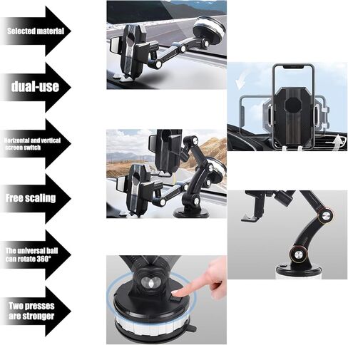 قطعة واحدة من حامل الهاتف الخلوي للسيارة، حامل الزجاج الأمامي بقاعدة شفط كبيرة قابلة للدوران 360 درجة، دعامة تثبيت متعددة الوظائف قابلة للسحب لهاتف iPhone، ملحق سيارة عالمي (أسود) in Kuwait