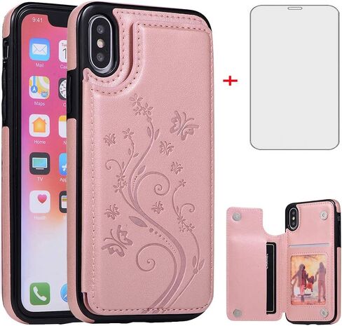 حافظة هاتف لهاتف iPhone Xs X 10 10s مع واقي شاشة من الزجاج المقسى وحامل بطاقات وغطاء محفظة جلدي قابل للطي iPhoneX iPhoneXs iPhone10 i PhoneX SX 10x 10xs X حافظات للنساء والرجال باللون الأزرق in Saudi Arabia