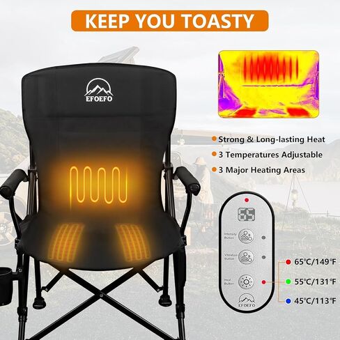Heated Camping Chair, with 20000 mAh 12V Battery Pack, 3 Heat Levels and 3 Zone Heating, with Massage Function Outdoor Heated Folding Chair, Weight Bearing 600 lbs for Camp, Lawn,Fishing, Black in Saudi Arabia
