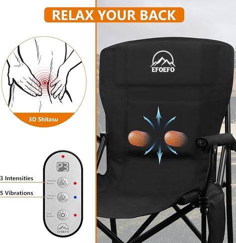 Heated Camping Chair, with 20000 mAh 12V Battery Pack, 3 Heat Levels and 3 Zone Heating, with Massage Function Outdoor Heated Folding Chair, Weight Bearing 600 lbs for Camp, Lawn,Fishing, Black in Saudi Arabia