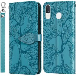 for Samsung Galaxy A20 / A30 Wallet Case, Embossed Tree Premium PU Leather [Kickstand] [Card Slots] [Wrist Strap] [6.4 inch] Phone Cover for Samsung A20 (B1-Red)