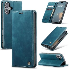 CaseMe Wallet Case for iPhone 16, Premium Handmade Slim Retro Durable Leather Magnetic Closure Flip Anti-Fall Shockproof Case with Kickstand and Card Slots for iPhone 16 (Blue)
