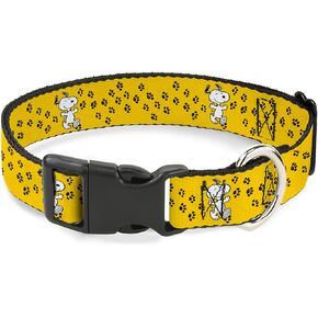 Peanuts Worldwide LLC طوق الحيوانات الأليفة، طوق الكلب مشبك بلاستيكي، الفول السوداني سنوبي مبتسم يشكل مخلب طباعة أصفر أسود أبيض، من 11 إلى 16.5 بوصة بعرض 1.0 بوصة