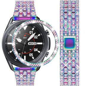 Bands Compatible with Samsung Galaxy Watch 3 (45mm), 22mm Full Rhinestone Diamond Stainless Metal Strap with Bezel Ring Cover Replacement for Women Men (Silver)