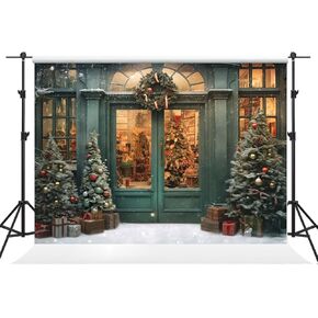 Kate 8×8ft Christmas Backdrop Photography Xmas Green Door Outdoor Snow View Christmas Tree Wreath Decoration Background Studio Props for Party Image Video