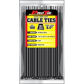 Pro Tie Ultra Light Duty, Self-Locking Nylon Cable Wire Ties for Indoor and Outdoor Use | 8.1-Inch, 18 lbs. Tensile Strength, UV Black Nylon, 100-Pack (PN: B8ULD100)