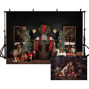 MEHOFOND 8x6ft Christmas Photography Background Christmas Tree with Fireplace Wreath Stocking Black Backdrops Winter Xmas Birthday Holiday Party Decoration Banner Photo Portrait Props