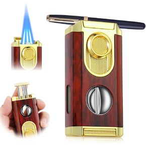 Triple Torch Lighter - Lighter with V Cut Cutter, Holder and Windproof Jet Flame,All-in-one Refillable Butane Lighter,Lighter Without Gas,with Gift Box,Grainy