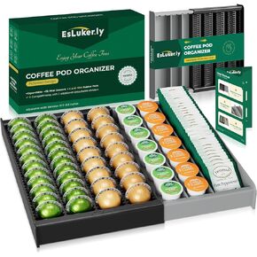 EsLuker.ly K Cup Coffee Pod Holder Organizer, Plastic Coffee Tea Drawer Insert for Counter, Expandable Storage Tray Compatible with Nespresso Vertuo Capsules, Customizable for Various Pod Sizes