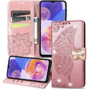 Case for Samsung Galaxy A15 5G Stylish Shiny Diamond Wallet Case with Card Holder Kickstand Flip Magnetic Closure PU Leather Cover for Galaxy A15 5G Glitter Butterfly Rose Gold SD
