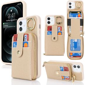 for iPhone 12 Case with Card Holder,iPhone 12 Pro Wallet Case for Women Men,Leather Zipper Stand Ring Phone Case with Coin Pocket-Purple