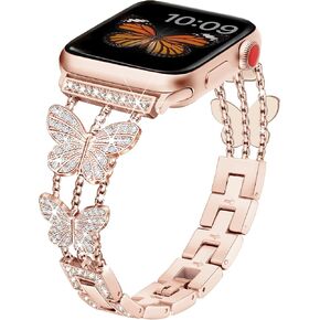Compatible with Dressy Designer Bling Apple Watch Bands for Women Men 42mm 44mm 45mm 49mm,Butterfly iWatch Bands for Apple Watch Ultra 2 1 SE Series 9 8 7 6 5 4 3 2 1 Bracelet Band(Rose Gold)