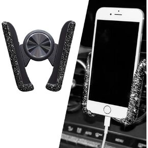 1 PC Bling Car Mobile Phone Holder, Rhinestones-Encrusted Dashboard Air Vent Snap-on V-Shaped Support Bracket, 360°Adjustable Navigation Stand Mount Accessory, for Most Car Models (Black)