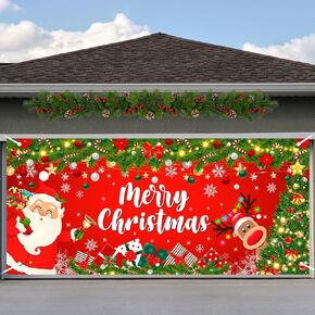 Avezano 6 x 13 ft Merry Christmas Garage Door Banner Chirstmas Holiday Garage Door Backdrop Santa Claus and Reindeer Chirstmas Party Decorations Large Merry Christmas Banner