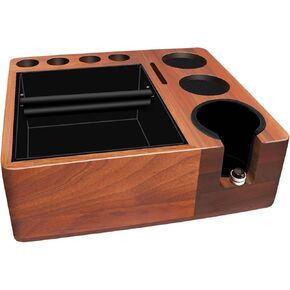 Espresso tamping station knock box,Walnut tamper station,Espresso station fit for storage 51-58mm tamper,distributor,portafilter,puck screen accessories,9 in 1 espresso knock box and tamper station