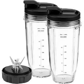 Blender Replacement Parts 24oz Ninja Blender Cups with To-Go Lids, 7 Fins Extractor Blade, Compatible with Nutri Ninja Auto iQ Blenders BL2012 BN801 BL480 BL642 BL682 NN102 NN100