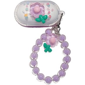Headphone Case for Samsung Galaxy Buds Plus (2020)/Galaxy Buds (2019),Cute Flower Butterfly Candy Gradient Clear Earbuds Cover with Wrist Chain for Girls (A)
