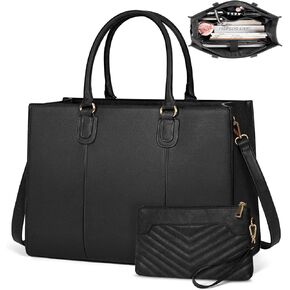 NEWHEY Laptop Bag for Women 15.6 Inch Work Tote Bags Leather Computer Bag with Clutch Purse Professional Office Briefcase Waterproof Handbag Shoulder Bag for Business Travel College, Black