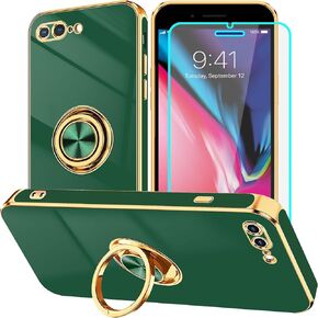 HNHYGETE for iPhone 8 Plus Case with Screen Protector: Slim Lightweight 360° Ring Holder Kickstand Shockproof - Phone Protective Case for iPhone 7 Plus Black