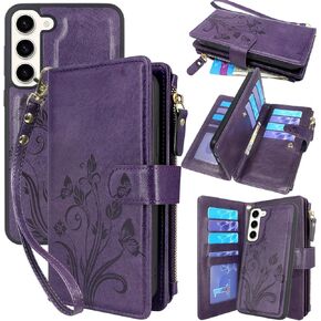 Lacass Compatible with Samsung Galaxy S23+ Plus 2023 Case [12 Card Slots] ID Credit Cash Holder Zipper Pocket Detachable Magnet Leather Wallet Cover with Wrist Strap Lanyard (Floral Dark Purple)