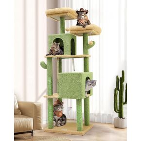 F61C Cactus Cat Tower for Indoor Cats, 61-inch Cute Tall Cactus Cat Tree Tower for Adult Cats Kittens with Scratching Posts, 2 Cat Condos, 2 Top Perches and Dangling Ball