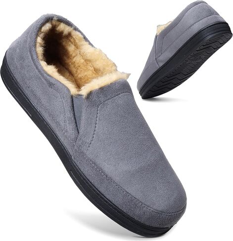 شباشب رجالي من جلد الغزال المقاوم للطقس - تصميم مزدوج، شباشب كلاسيكية للرجال للاستخدام الداخلي والخارجي، شباشب مريحة ببطانة من الفرو الصناعي سهلة الارتداء للرجال مع نعل مطاطي مانع للانزلاق in Kuwait