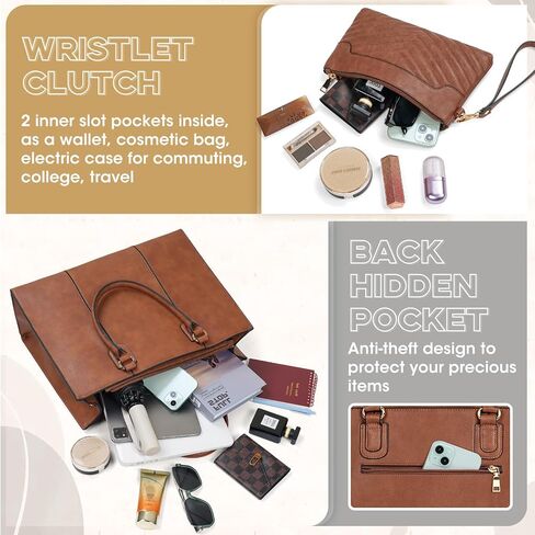 NEWHEY Laptop Bag for Women 15.6 Inch Work Tote Bags Leather Computer Bag with Clutch Purse Professional Office Briefcase Waterproof Handbag Shoulder Bag for Business Travel College, Black in Kuwait
