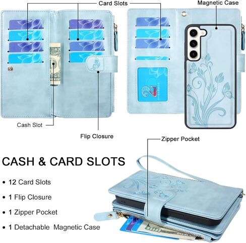 Lacass متوافق مع حافظة Samsung Galaxy S23+ Plus 2023 [12 فتحة للبطاقات] حامل للنقود وبطاقة الهوية وجيب بسحاب وغطاء محفظة جلدية مغناطيسي قابل للفصل مع حبل معصم (زهري أرجواني داكن) in Saudi Arabia