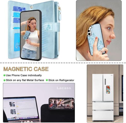 Lacass متوافق مع حافظة Samsung Galaxy S23+ Plus 2023 [12 فتحة للبطاقات] حامل للنقود وبطاقة الهوية وجيب بسحاب وغطاء محفظة جلدية مغناطيسي قابل للفصل مع حبل معصم (زهري أرجواني داكن) in Saudi Arabia