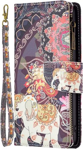 Asuwish Compatible with Samsung Galaxy S23 FE 5G Wallet Case and Tempered Glass Screen Protector Zipper Flip Folio Credit Card Holder Stand Cell Phone Cover for S 23 EF S23FE 23S Women Men - Elephant in Saudi Arabia
