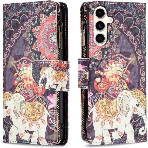 Asuwish Compatible with Samsung Galaxy S23 FE 5G Wallet Case and Tempered Glass Screen Protector Zipper Flip Folio Credit Card Holder Stand Cell Phone Cover for S 23 EF S23FE 23S Women Men - Elephant in Saudi Arabia